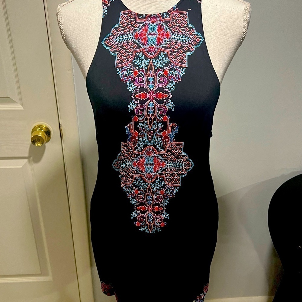 {Express} High-Neck Black and Multicolored Dress